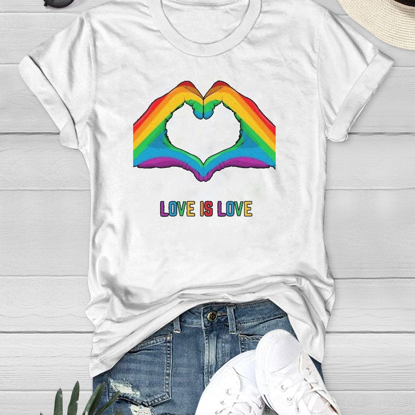 Rainbow Heart Graphic LGBT Casual T-shirt Short Sleeve Summer Sports Tee