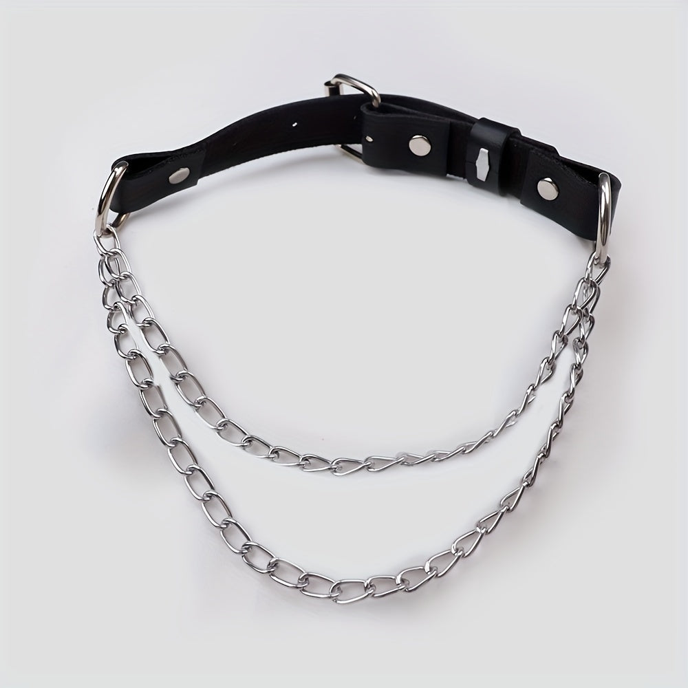 Sexy Punk Metal Chain Stitching Choker with Leather Collar