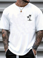 Palm Tree Pattern Top Casual Stretch Short Sleeve Crew Neck T shirt