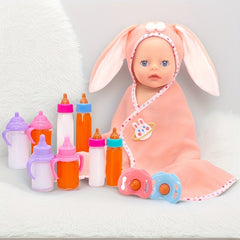 Pink Bunny Ear Doll Blanket Plush Bedding 30x35 with Star Moon Rainbow Designs