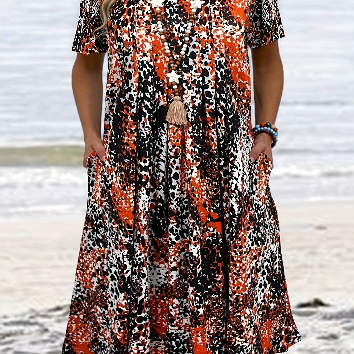 Allover Print Short Sleeve Dress With Pockets