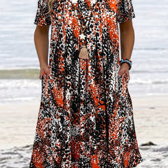 Allover Print Short Sleeve Dress With Pockets