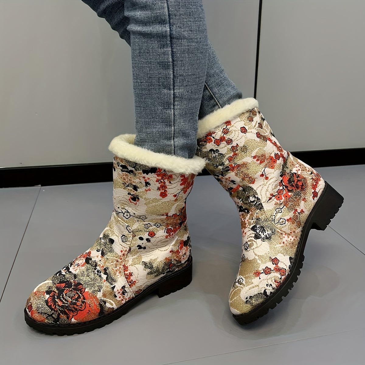 Women's Plush Snow Boots Mid Calf Comfortable Outdoor Sneakers