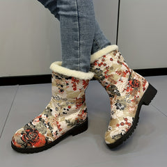 Women's Plush Snow Boots Mid Calf Comfortable Outdoor Sneakers