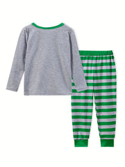 2pcs Toddler Pajama Set Long Sleeve Top & Stripe Pants Boy's Loungewear