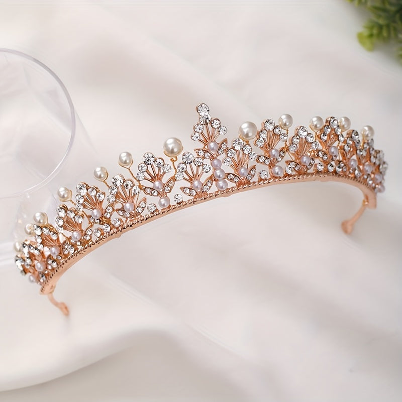 Golden Rhinestone Faux Pearl Wedding Crown Headband Bridal Tiara
