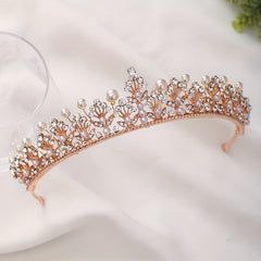 Golden Rhinestone Faux Pearl Wedding Crown Headband Bridal Tiara