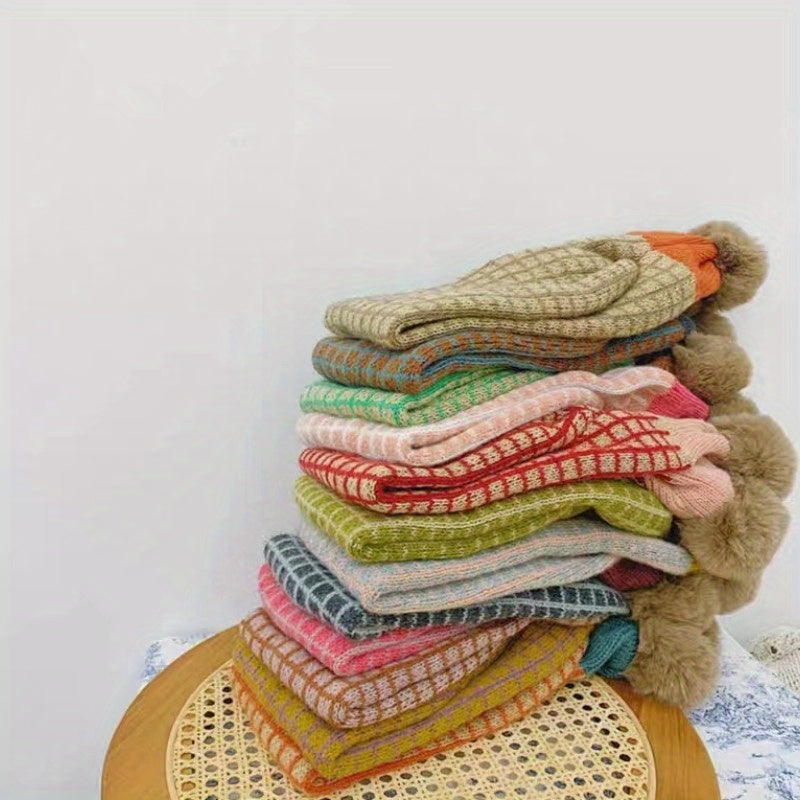 Knitted Small Plaid Hair Ball Warm Scarf 78x13in