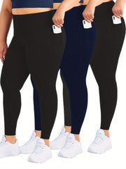 3 Pack Plus Size Casual Leggings Set Women's Plus Solid Tummy Control