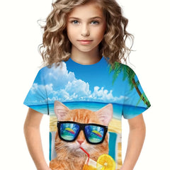3D Beach Kitty Short Sleeve T shirt for Boys Girls
