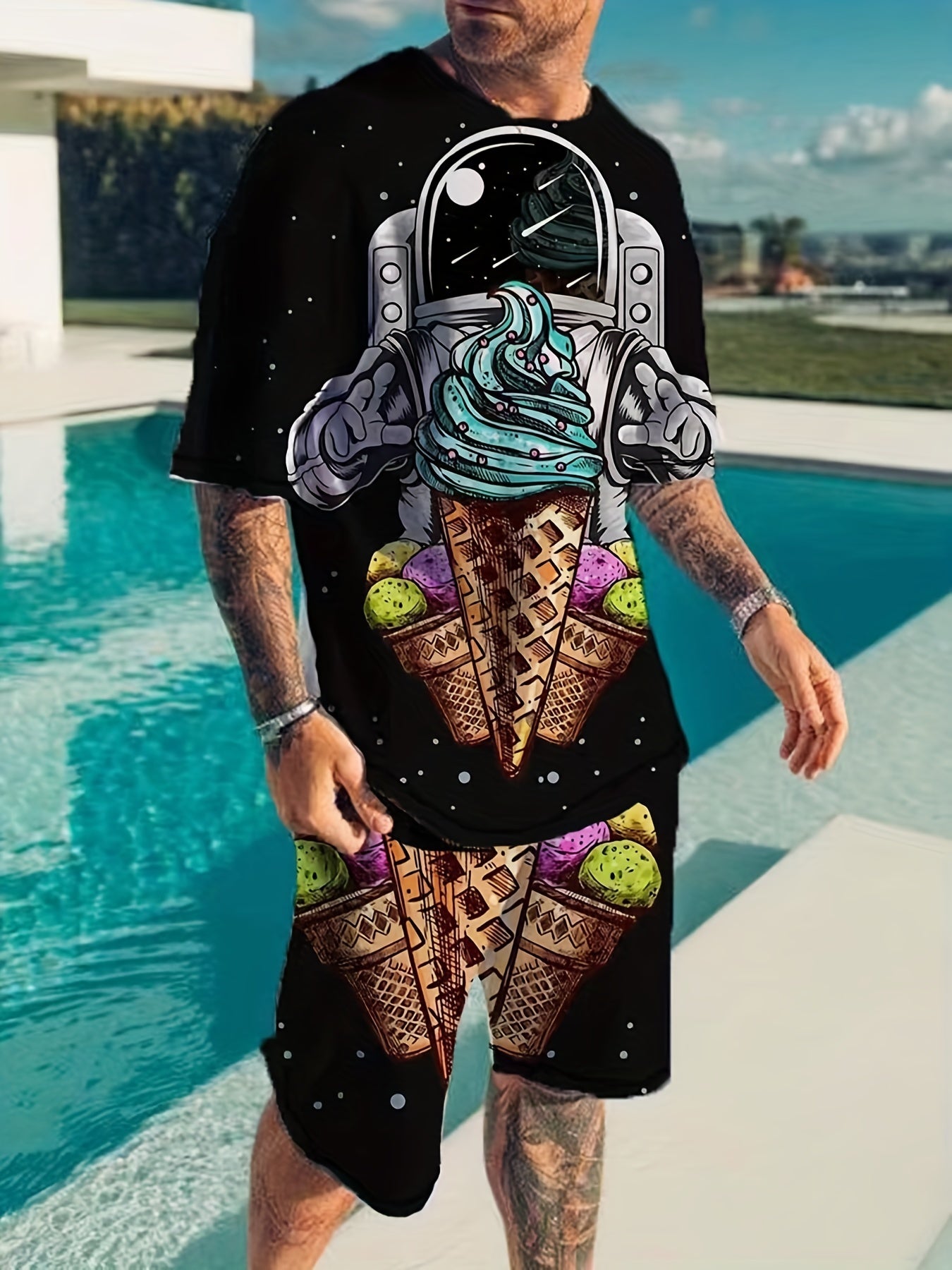 Men's Astronaut & Ice Cream Graphic T-shirt & Shorts Set