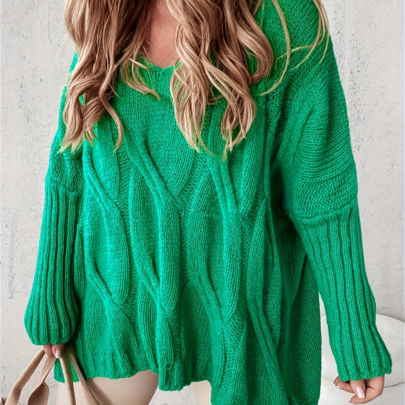 Casual Sweater Women's Solid Cable Knit V Neck Jumper