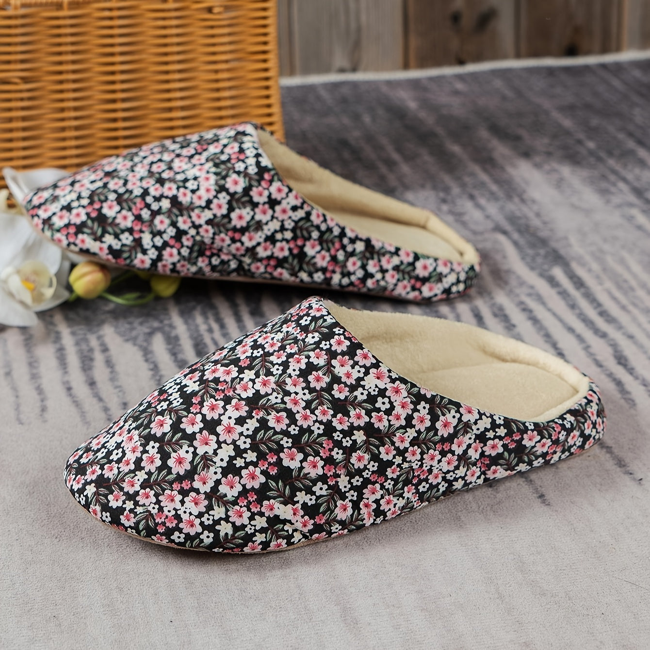 Floral Printed Plush Lined Slippers Warm Cozy Home Bedroom Mute Slippers