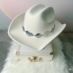 Boho Turquoise Chain Fedora Cap Vintage Solid Jazz Hat Unisex