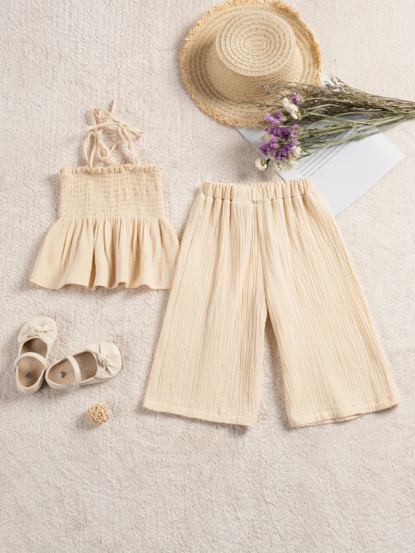 2pcs Baby Girls Shirred Camisole Top & Wide Leg Pants Set