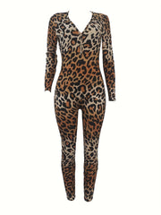 Leopard Lounge Jumpsuit Long Sleeve V Neck Buttons Jumpsuit