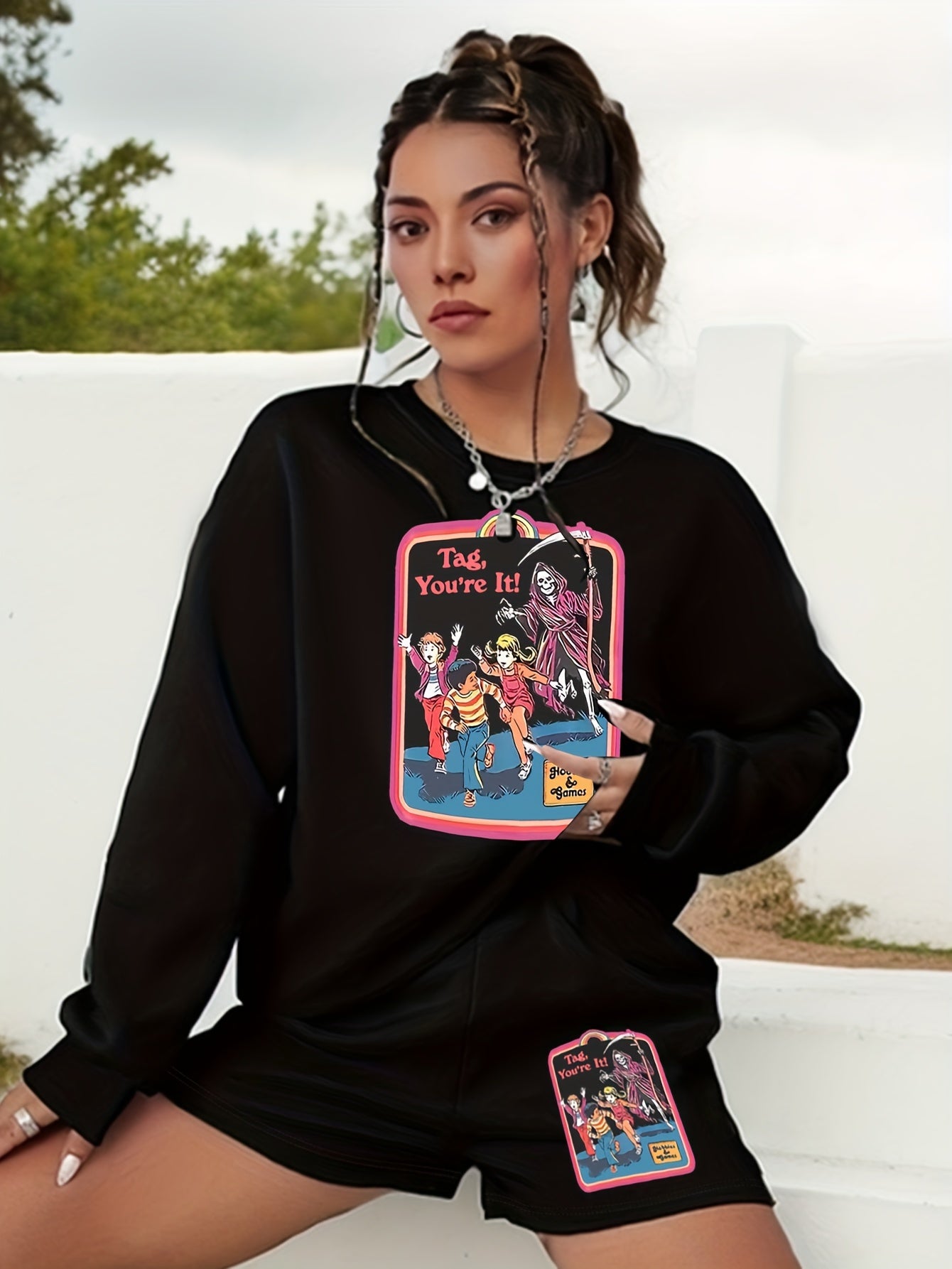Halloween 2pcs Set Women's Plus Graphic Print Sweatshirt & Shorts