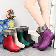 Mid Calf Waterproof Rain Boots PVC Flat Round Toe Thermal Rain Shoes