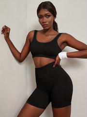 Women's Ribbed Sports Bra and Hip Lift Running Shorts Set
