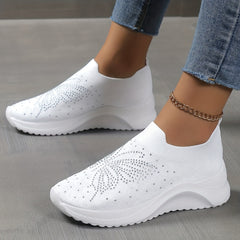 Rhinestone Platform Sneakers Slip-On Breathable Knit Shoes