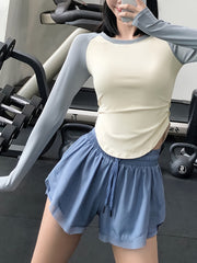 Pleated Sports Tee Long Sleeve Asymmetrical Running T Shirt