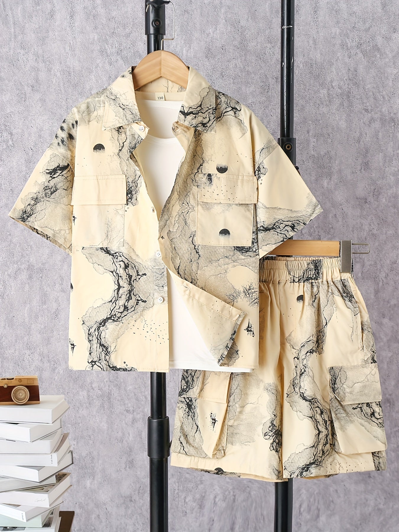 2pcs Toddler Boys Ink Painting Graphic Button Drop Shoulder Shirt Tops