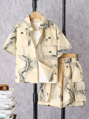 2pcs Toddler Boys Ink Painting Graphic Button Drop Shoulder Shirt Tops