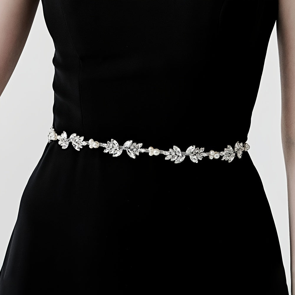 Bridal Pearl Waist Chain Belt with Rhinestone Floral and Faux Pearls