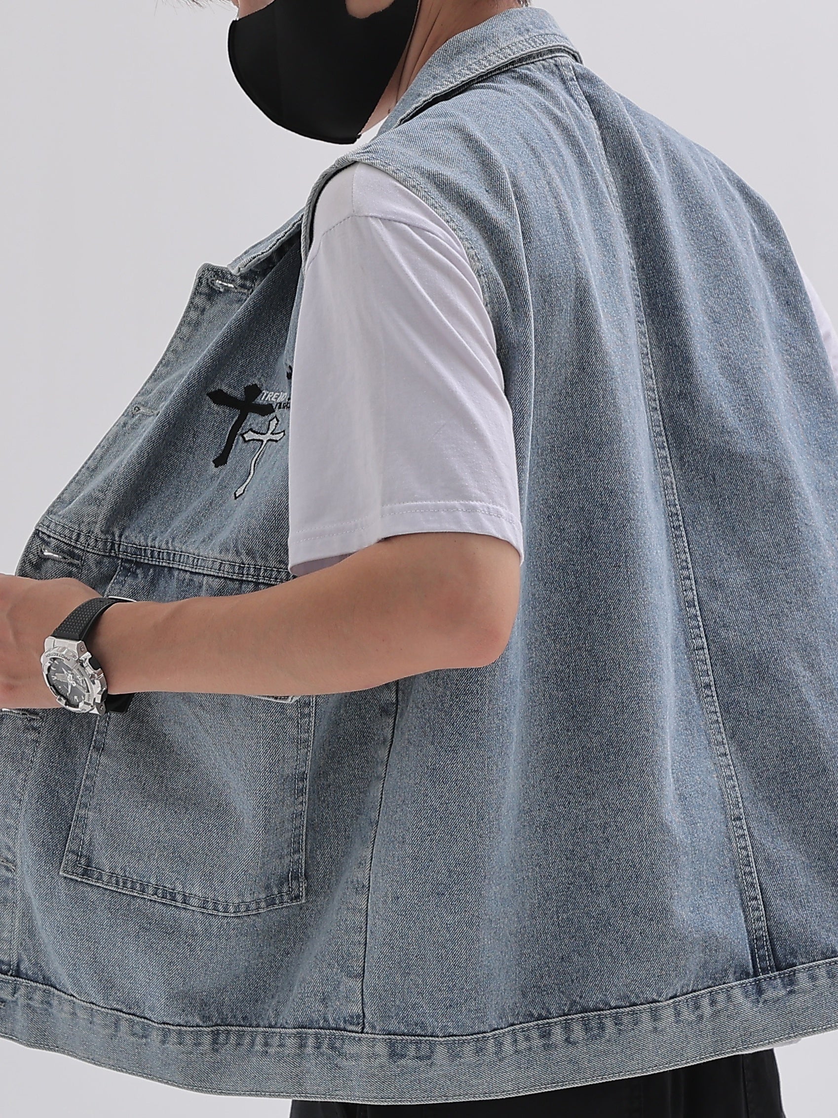 Men's Classic Crucifix Pattern Denim Vest Street Style Waistcoat Spring Summer