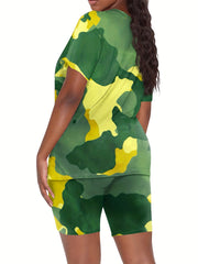 Camo Print Two piece Set V Neck Tee & Workout Shorts