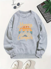 Mountain & Letter Print Pullover Sweatshirt Long Sleeve Crew Neck Sweatsh