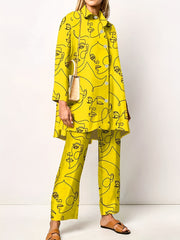 Women's Plus Abstract Face Print Long Sleeve Button Up Shirt & Pants Set