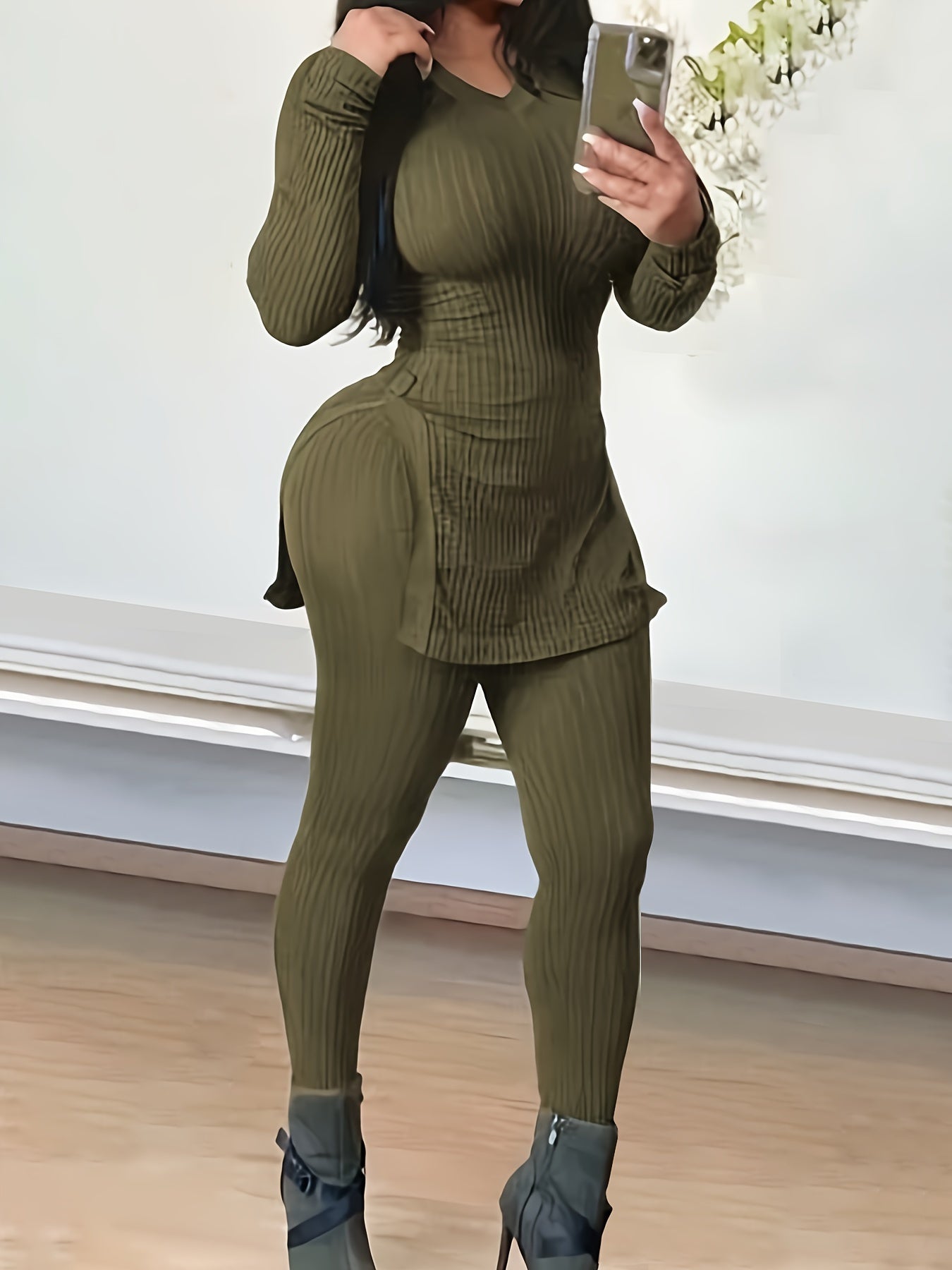 Ribbed V Neck Top & Leggings Two Piece Set