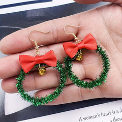 Christmas Wreath Dangle Earrings Sparkle Green Ribbon Red Bow Festive Jewelry