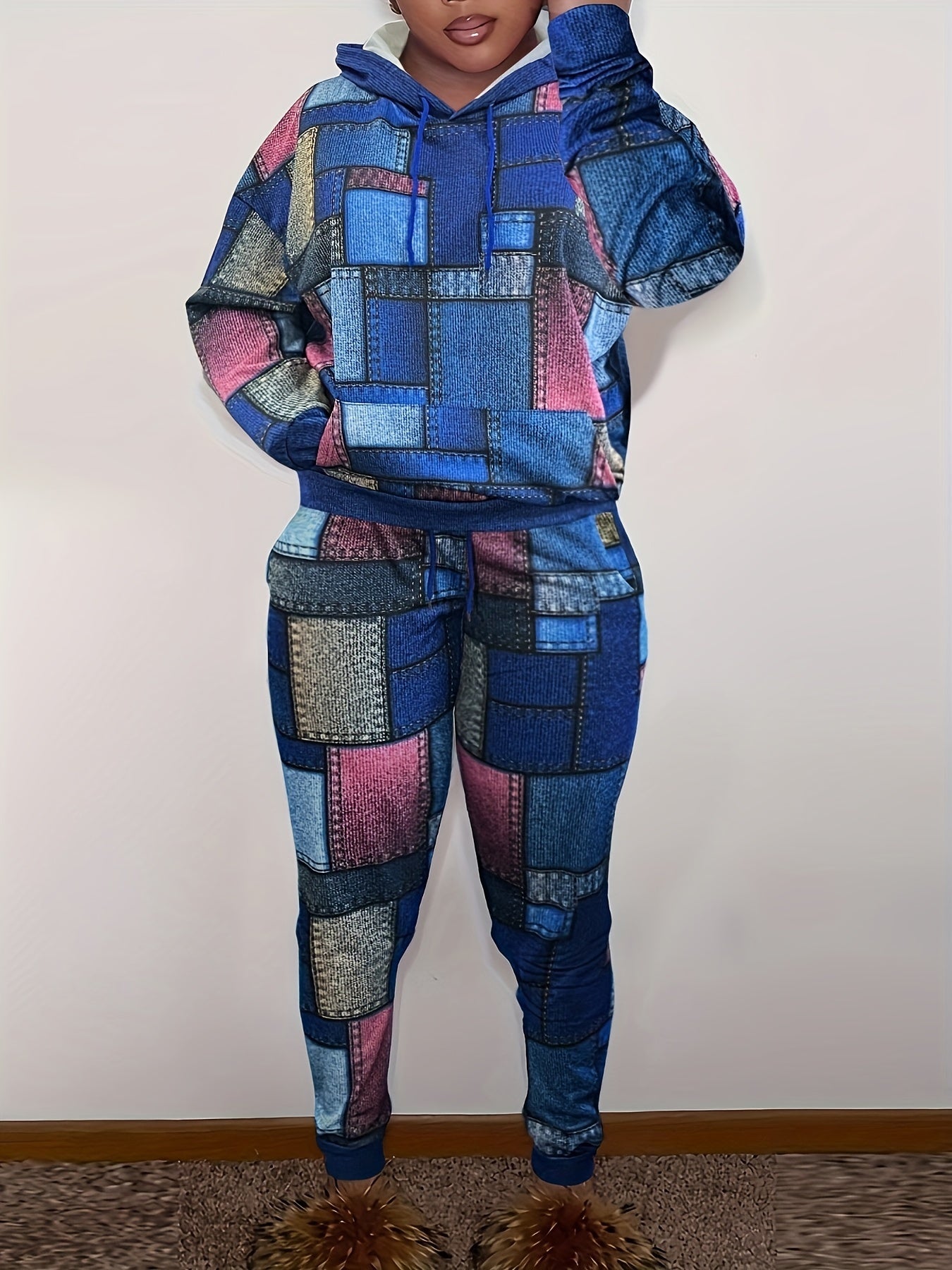 Women's Plus Patchwork Hoodie & Pants Set Two Piece Outfit