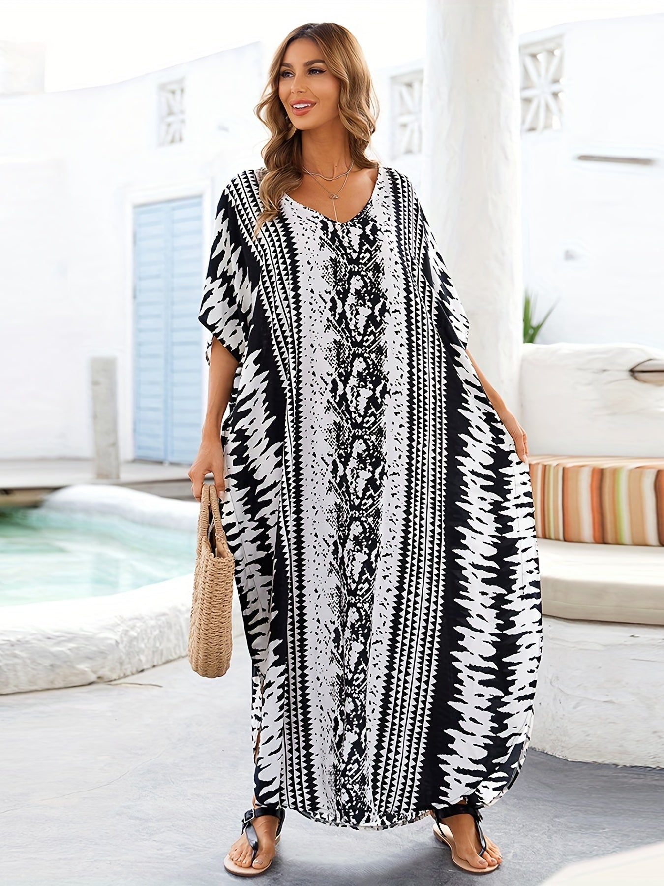 Geometric Print Bat Sleeve Cover Up Dress