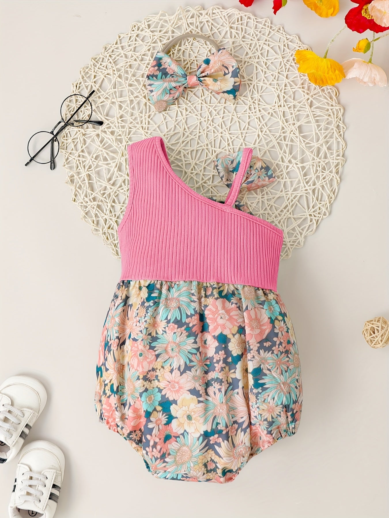 Baby Girls Ribbed One Shoulder Floral Onesie & Headband Set