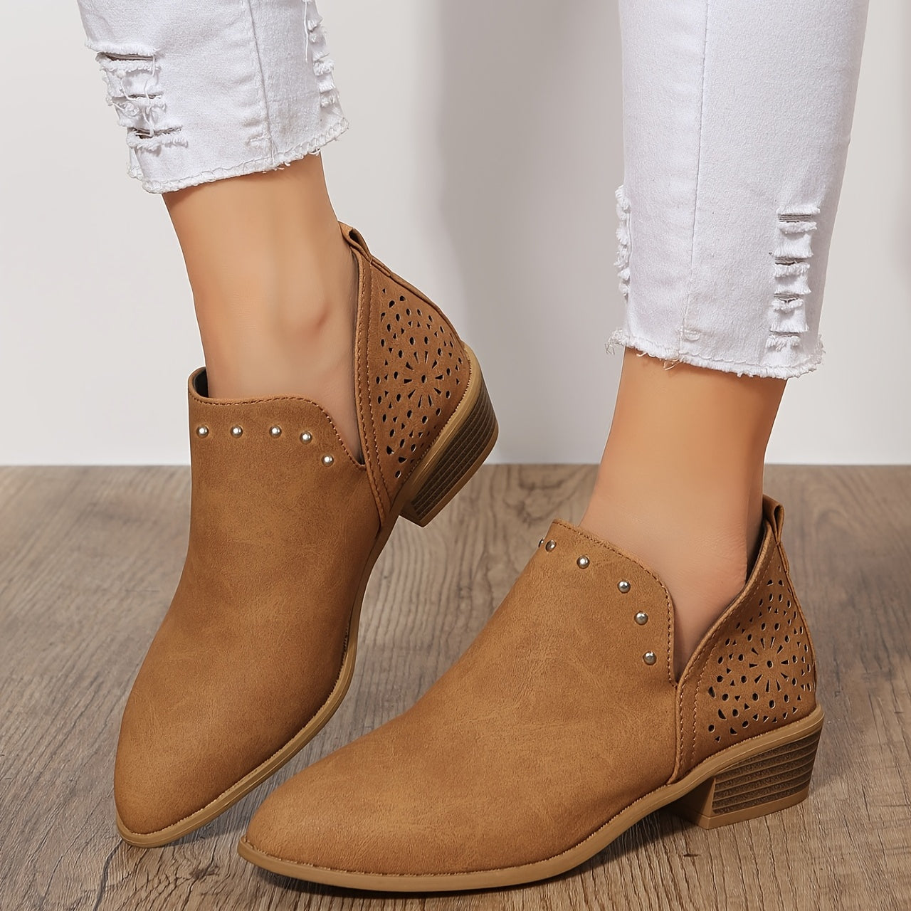 Women's Retro Hollow Out Chunky Heel Ankle Boots