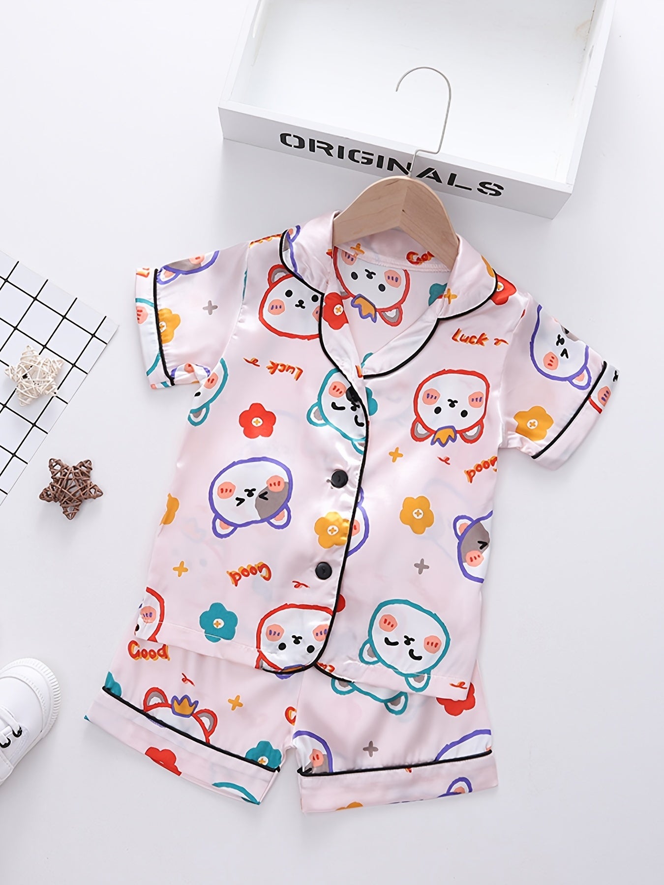 Girls Bear Graphic Pajama Set V neck Button Short Sleeve Top & Shorts