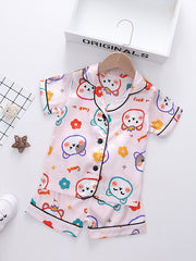 Girls Bear Graphic Pajama Set V neck Button Short Sleeve Top & Shorts