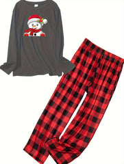 Snowman Print Long Sleeve Tee & Plaid Pants Pajamas Set