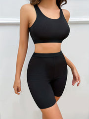Ribbed Bra & Panties Set Full Coverage & Elastic Lingerie Women's Underwear
