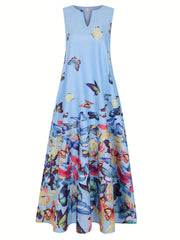 Butterfly Print V Neck Dress Sleeveless Casual Dress