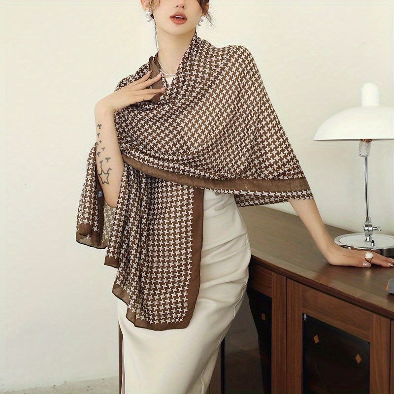 Brown Houndstooth Print Large Scarf Shawl Sunscreen Head Wrap