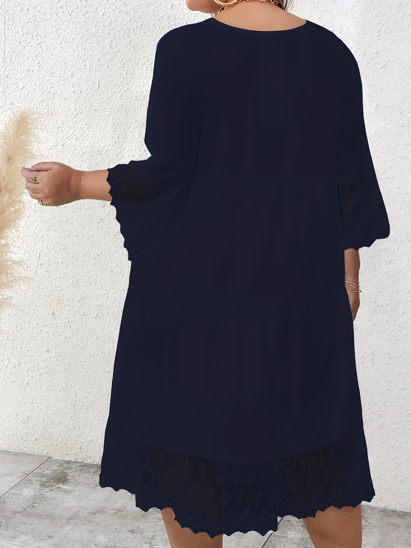 Casual Dress Women's Plus Lace Sleeve V Neck Smock Dress
