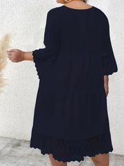 Casual Dress Women's Plus Lace Sleeve V Neck Smock Dress