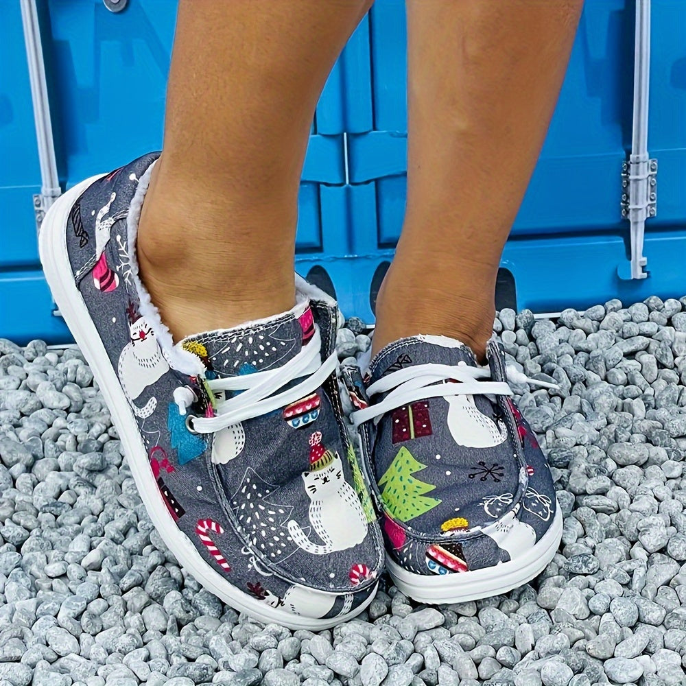 Women's Christmas Tree & Cat Pattern Flat Canvas Shoes