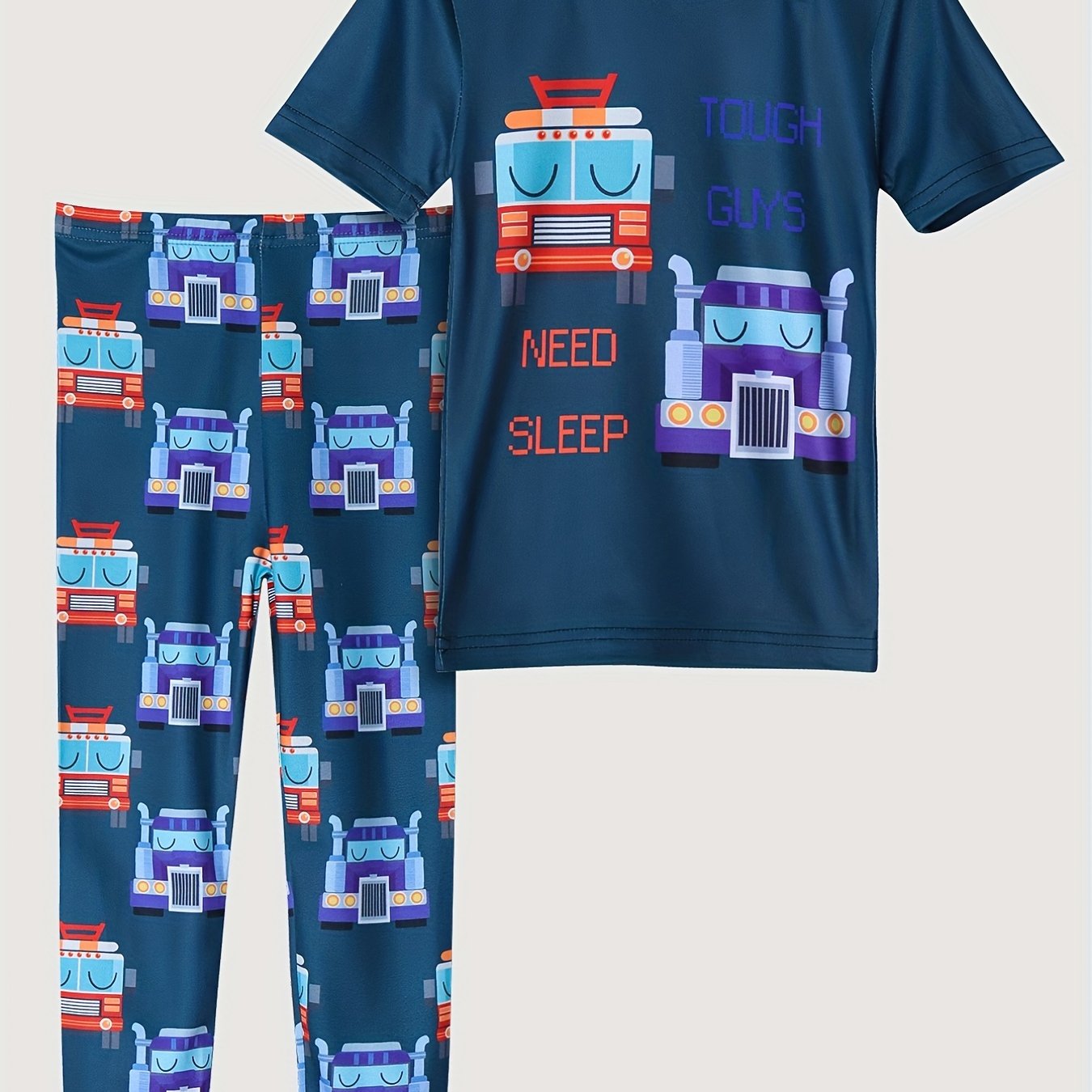 Boys Truck Cartoon Pajamas Set Short Sleeve Top & Trousers