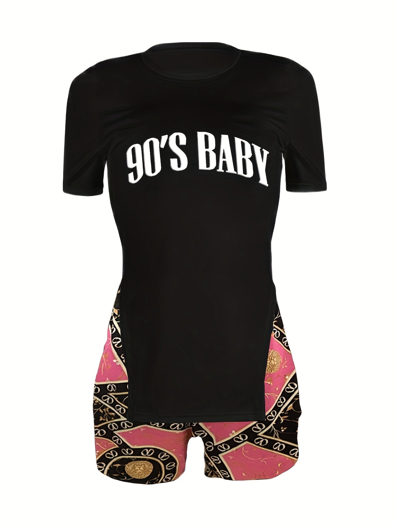 90's Baby Print Two Piece Outfit Casual T Shirt & Random Print Shorts