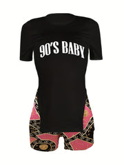 90's Baby Print Two Piece Outfit Casual T Shirt & Random Print Shorts